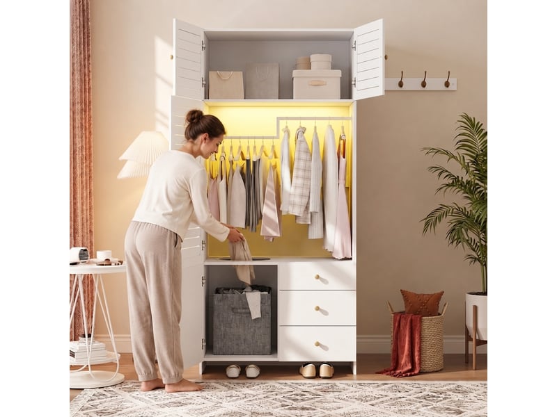  Armoire blanche avec panier à linge et éclairage led 90x50x200 cm  - Conforama C