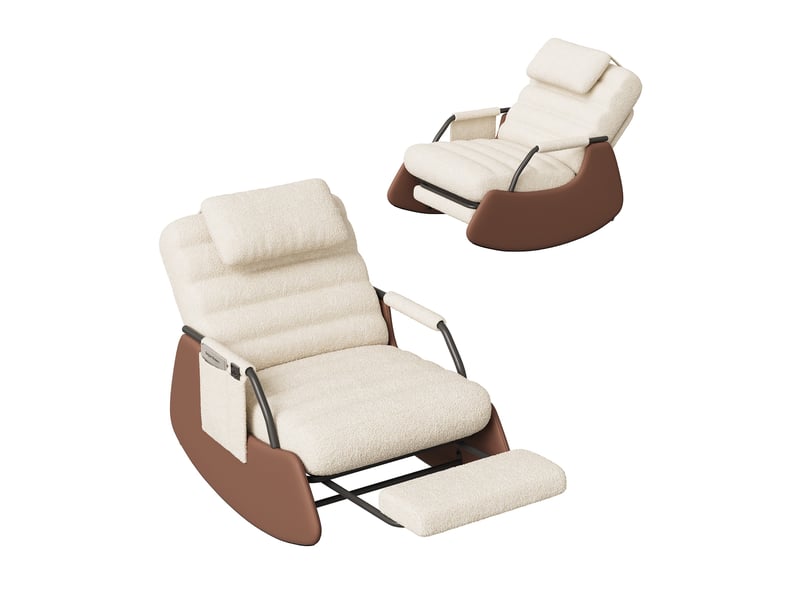  Fauteuil à bascule inclinable avec repose-pieds intégré - dossier 3 positions, velours bouclé, poche latérale - beige  - Conforama A