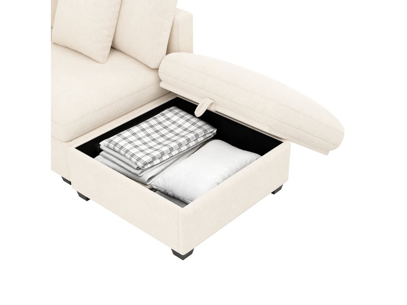 Canapé d’angle modulable avec rangement xl 4 places 226 x 147 x 81 cm canapé en l avec méridienne et pouf chenille beige - Conforama D