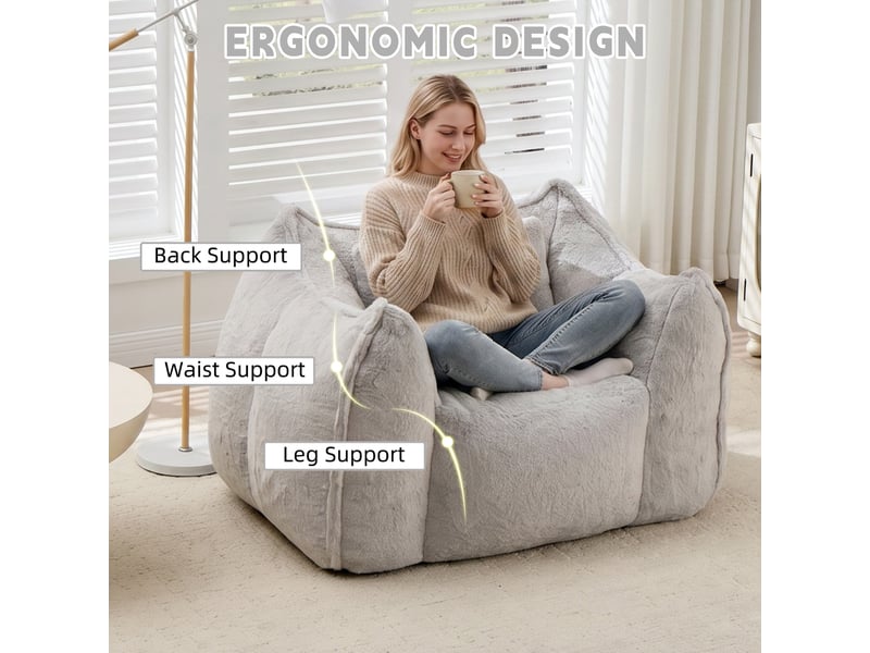  Fauteuil pouf géant 123 x 97 x 73 cm, fausse fourrure, mousse haute densité, coussin inclus pour salon et chambre - gris  - Conforama B