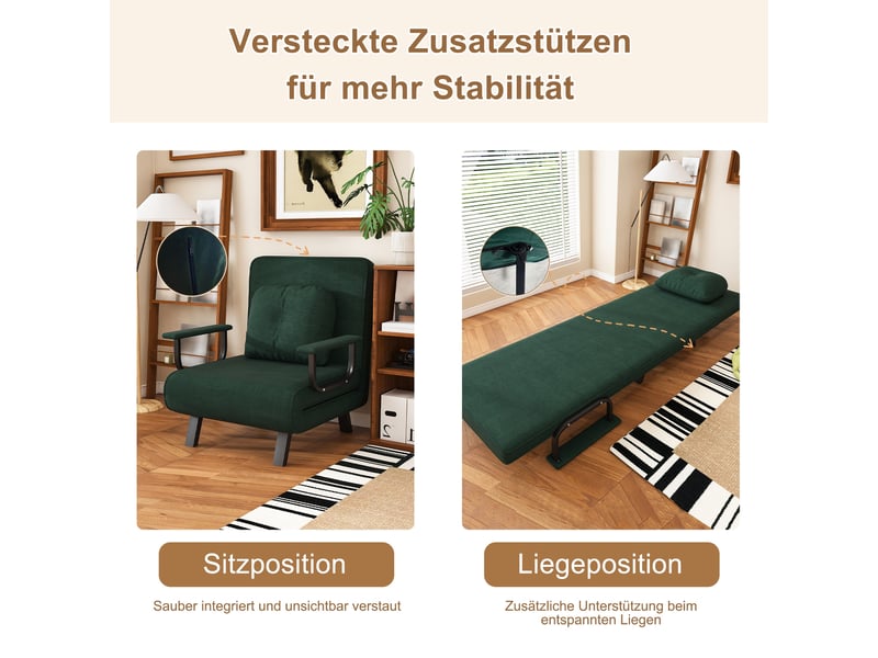  Fauteuil relax convertible - 60x60x80cm - chauffeuse lit 185cm, dossier 5 positions 180°, chenille, métal - vert foncé  - Conforama C