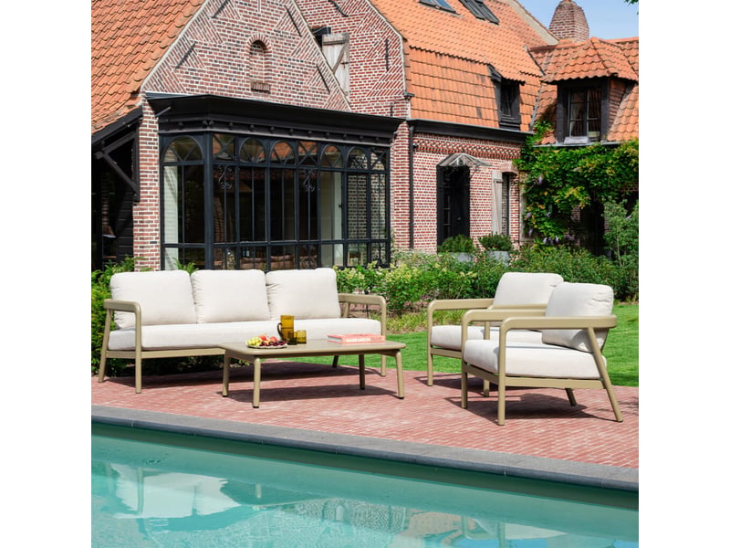  Salon de jardin bas 5p en aluminium kaki clair et tissu beige chiné lindos 601030 - Conforama C