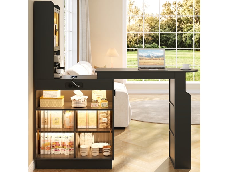  Table bar extensible avec rangement 131-170 x 40 x 170 cm – noir – éclairage led, prises usb et usb-c  - Conforama C