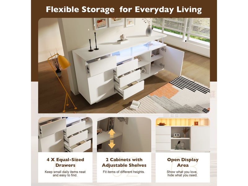 Buffet avec éclairage led 2 portes 4 tiroirs en mdf blanc 160 x 40 x 75 cm - Conforama D