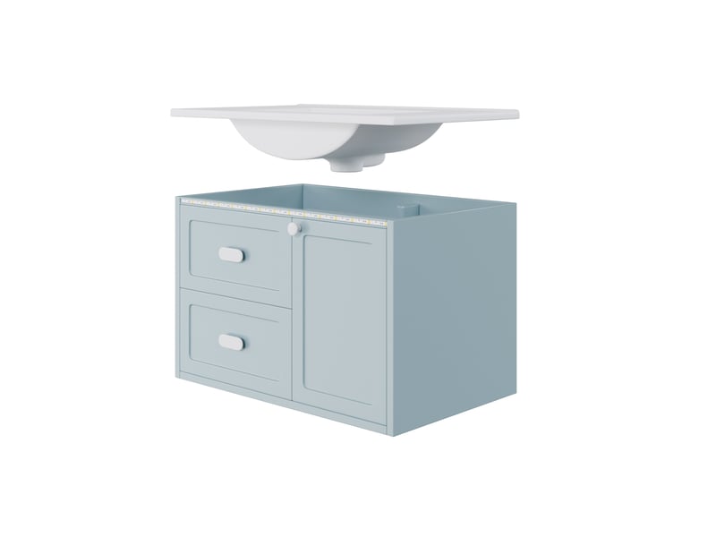  Meuble vasque mural salle de bain bleu 76 cm avec lavabo intégré, led et 2 tiroirs silencieux  - Conforama A