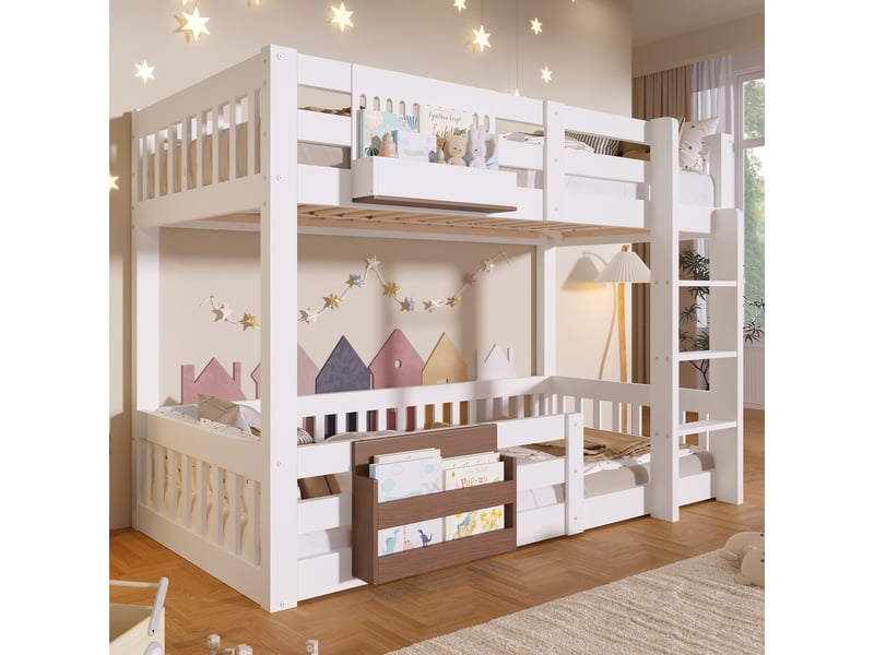 Lit superposé 90x200 cm, avec rangements, garde-corps de sécurité et échelle, sans matelas, métal, mdf et pin, blanc Bubbly - Conforama C