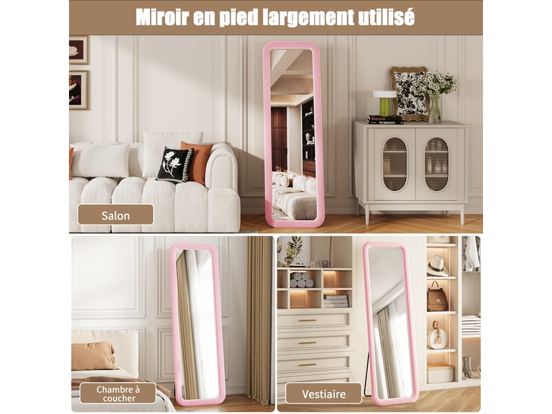  Miroir sur pied 160x50 cm rose,miroir décoratif ,grand miroir mural avec cadre en flanelle,verre trempé,chambre et salon  - Conforama R
