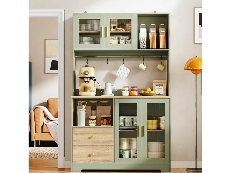 Buffet de cuisine haut avec 4 portes vitrées, 2 tiroirs, led rgb et prises intégrées, vert antique 110 × 40 × 178 cm - Conforama E