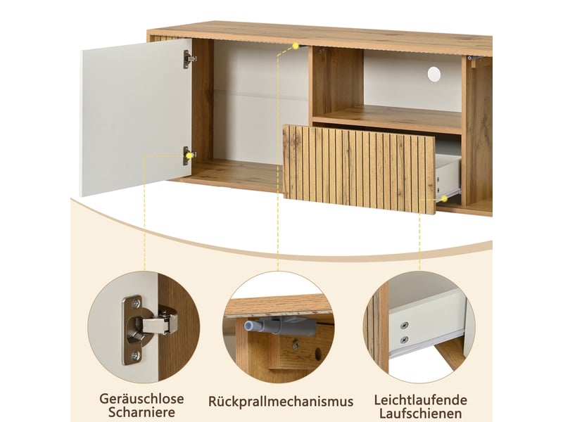  Meuble tv avec 2 portes, 1 tiroir, niches, led et passe-câbles pour le salon, blanc et bois naturel, 180×40×51 cm  - Conforama E