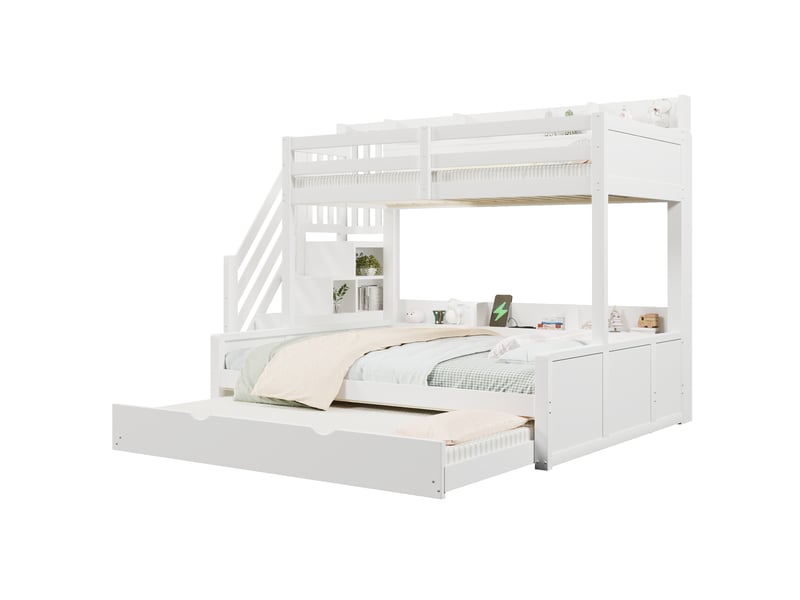 Lit superposé 90 x 200 cm, lit enfant à deux couchages, étagères ouvertes, couchage gigogne, ports usb et usb-c, échelle, bois massif, blanc Morn Vibe - Conforama A