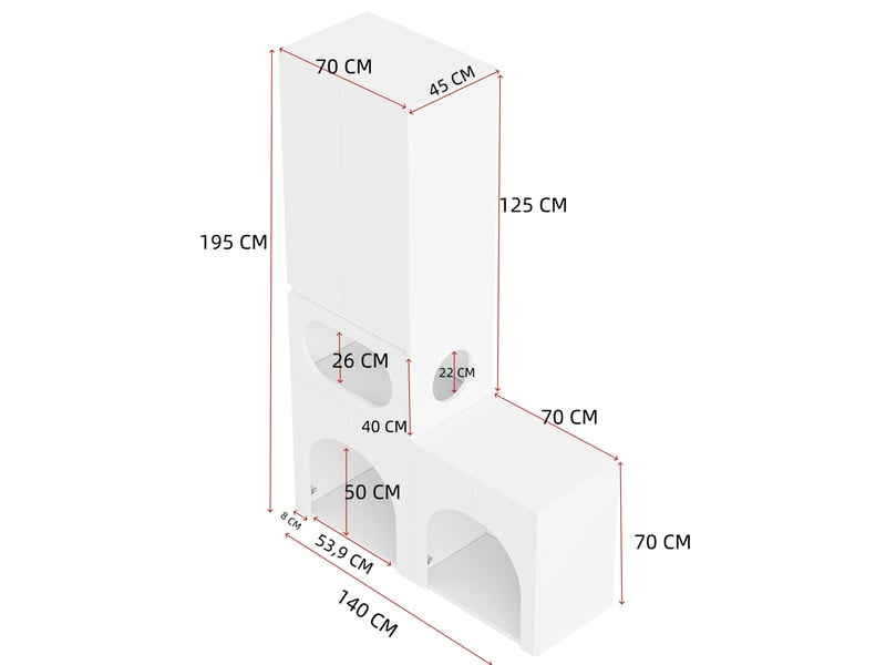  Meuble pour félins 140x45x195 cm – blanc – double espace litière, rangement et coin repos intégré  - Conforama C