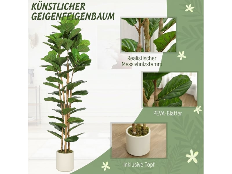 Plante artificielle ficus 180 cm – vert – 91 feuilles modulables, pot blanc à base cimentée et stable - Conforama E