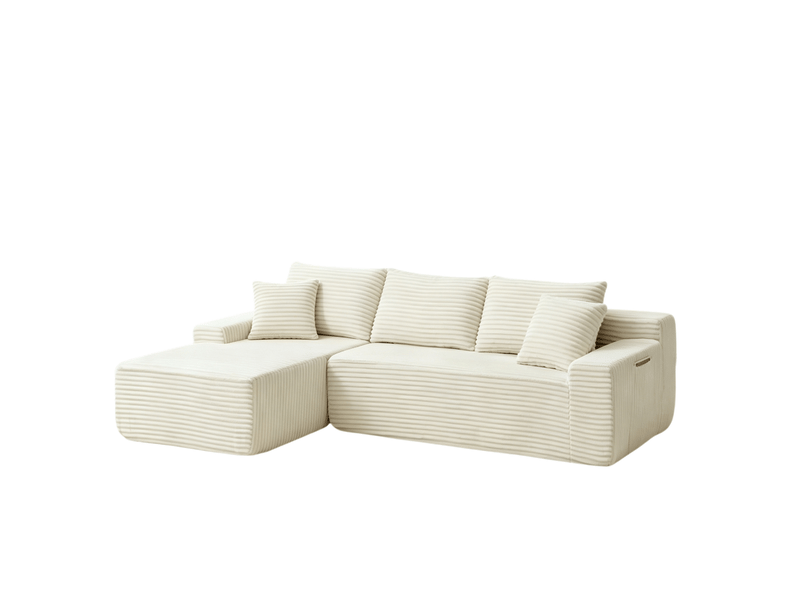  Canapé d’angle modulable 4 places en velours côtelé beige, 239x156x79 cm  - Conforama D