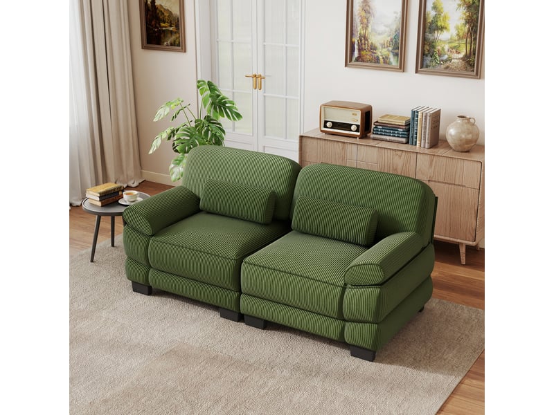  Canapé 2 places moderne à cadre modulable, coussin lombaire confortable, assise profonde, revêtement cord doux, vert, salon appartement  - Conforama E