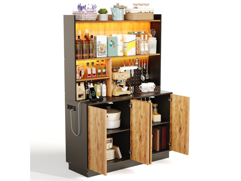 Buffet cuisine 4 portes, 120 x 43 x 160 cm, éclairage led, prises, ports usb, panneau perforé et anti-basculement, mdf, noir Morn Vibe - Conforama A