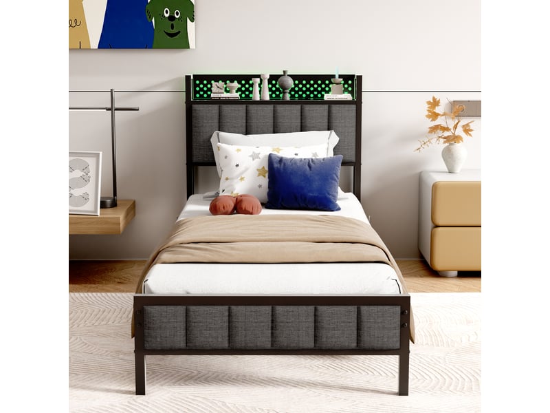  Lit simple 90 × 200 cm avec rangement, ports usb et prise de charge, sans matelas, en métal, noir  - Conforama C