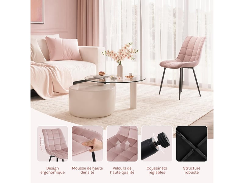  8 x chaise de salle à manger, assise rembourrée en velours épais, pieds en métal, rose  - Conforama C