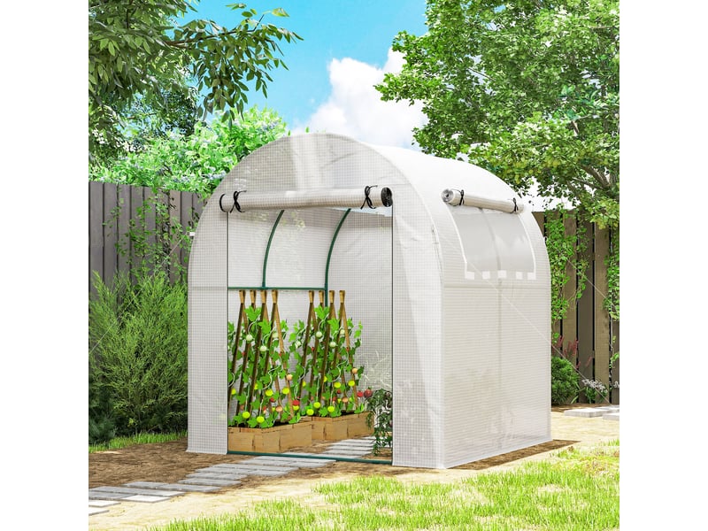  Serre portable blanche avec structure en acier et bâche en plastique.  - Conforama C