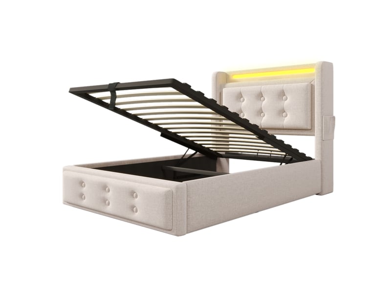 Lit coffre adulte 90x200 cm – beige – led, recharge usb-c et rangement hydraulique avec sommier à lattes - Conforama D