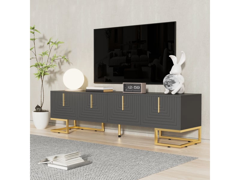  Meuble tv avec 4 portes, charnières amorties et pieds réglables, en panneaux de particules gris noir 170×40×45,5 cm  - Conforama E
