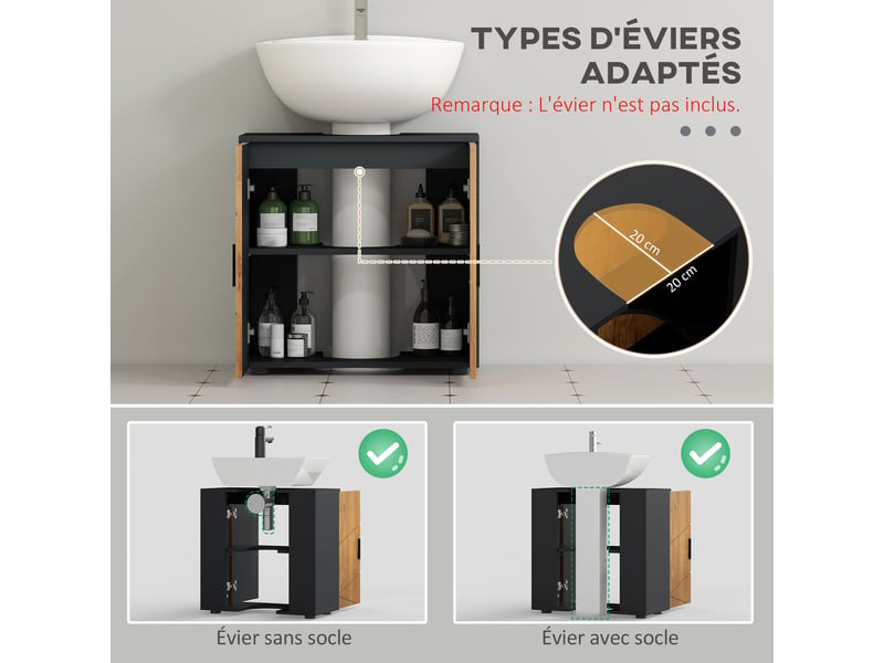  Meuble sous vasque 60 x 30 x 60 cm, 2 portes, étagère réglable, gris anthracite et aspect bois  - Conforama R