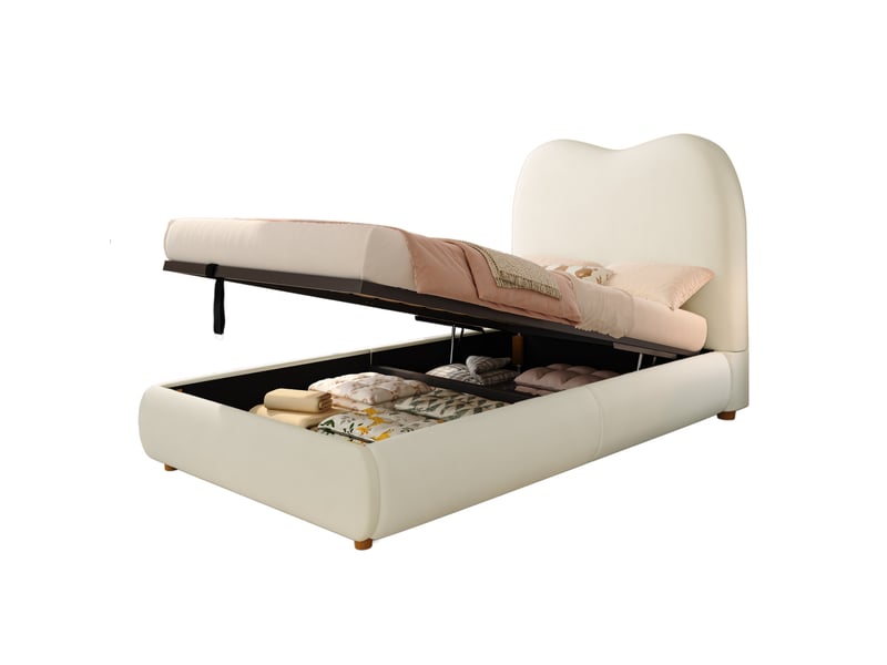  Lit coffre 90x200 cm avec rangement, tête de lit rembourrée, sommier à lattes inclus, hydraulique, beige, sans matelas  - Conforama A