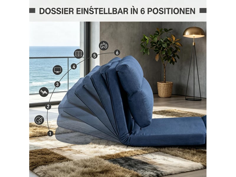  Canapé de sol convertible bleu en tissu polyester, dossier inclinable 90°–180°, idéal pour se détendre  - Conforama E