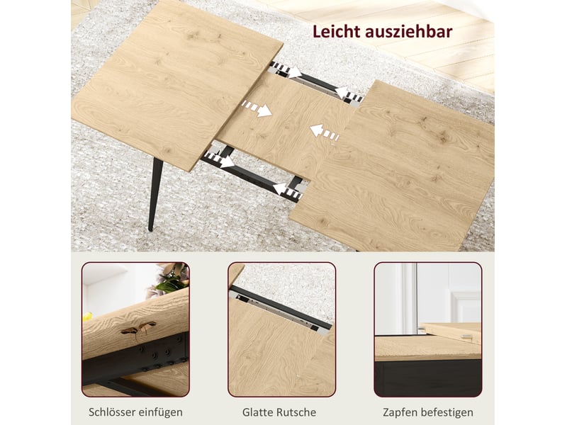  Table de salle à manger extensible, 6 à 8 personnes, rallonge escamotable, pieds acier, en mdf naturel 120 × 75 × 77 cm  - Conforama D