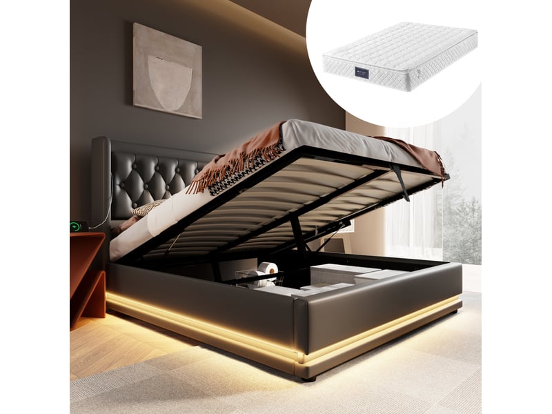  Lit coffre double 140 x 200 cm noir en pu avec matelas, led et ports usbusb-c  - Conforama C