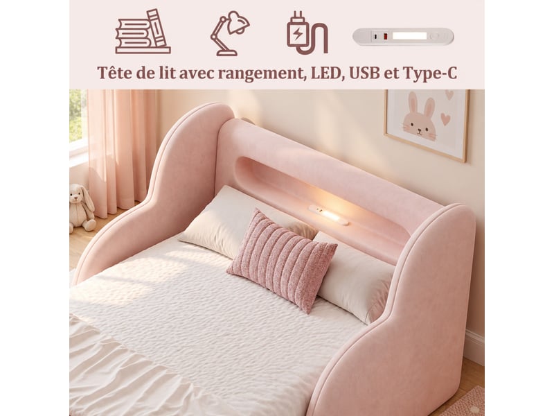  Lit enfant capitonné 90x200 cm rose en velours, barrières de sécurité et pieds en bois massif, sans matelas  - Conforama D