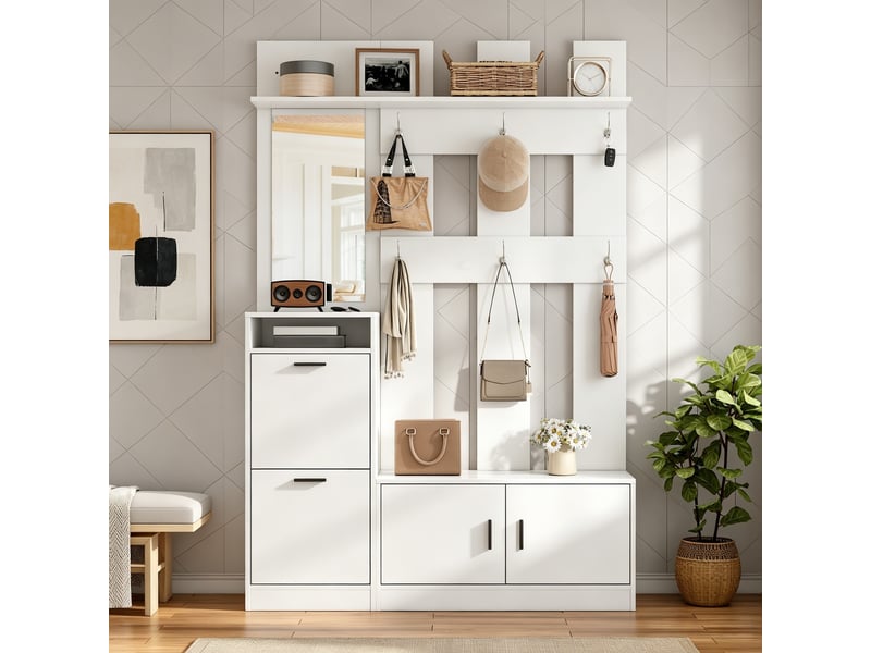  Meuble d’entrée blanc en mdf, vestiaire avec miroir, 6 patères, banc et rangement à chaussures, 120 x 30 x 180 cm  - Conforama E