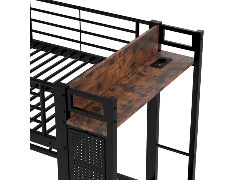  Lit mezzanine lit simple en métal avec 4 tiroirs, étagères, led, usb et type-c, 90x200 cm, sans matelas, noir  - Conforama E
