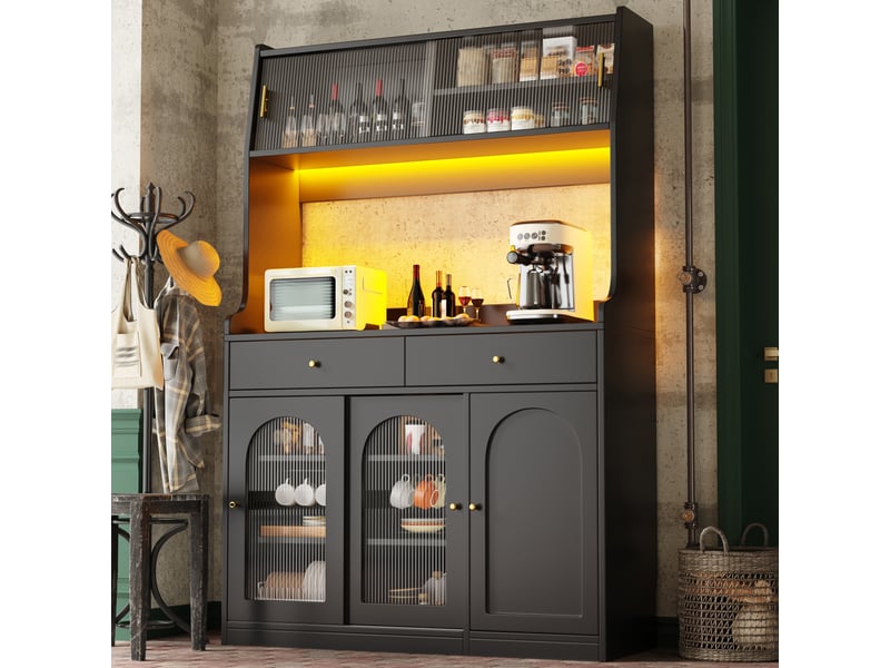  Buffet cuisine 4 portes dont 2 vitrées et 2 tiroirs, 120 x 40 x 180 cm, éclairage led, étagères réglables et anti-basculement, mdf, noir Morn Vibe - Conforama D