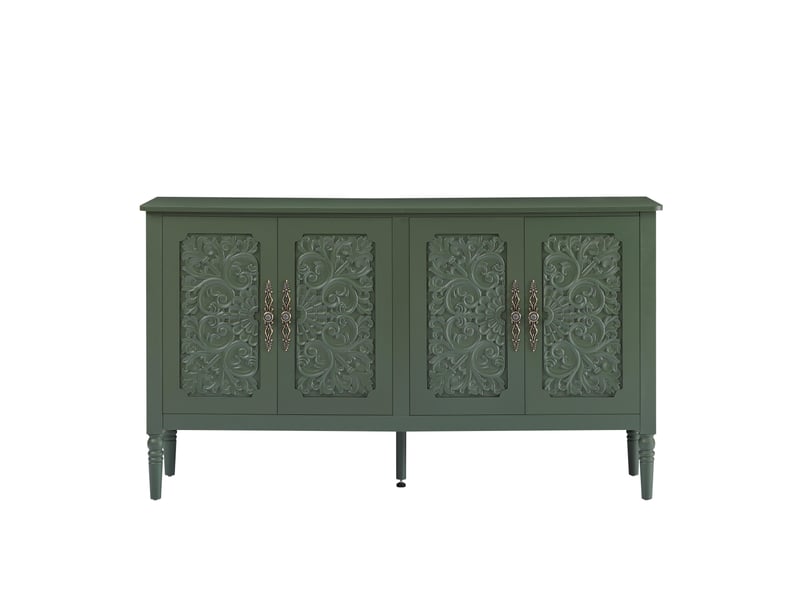 Buffet vintage 160x40x89 cm avec portes à relief sculpté 3d,angles arrondis,pieds tournés,poignées effet laiton,vert vintage - Conforama A