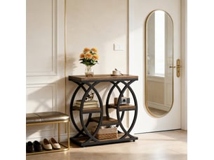 Table basse avec étagères superposées et rangements ouverts, structure métal et bois, marron, pour salon et entrée