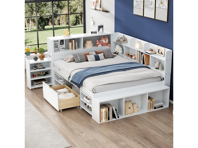  Lit enfant 140x200 cm - lit combiné avec tiroirs et bibliothèque, lit avec rangement blanc, sans matelas  - Conforama E