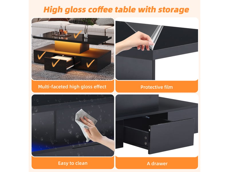  Table basse led avec tiroir et étagère ouverte pour salon 100×50×39 cm en panneaux de particules noir  - Conforama C