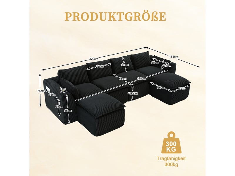 Canapé modulable 4 places en velours côtelé noir avec 2 poufs, 2 poches latérales et porte-gobelets - Conforama C