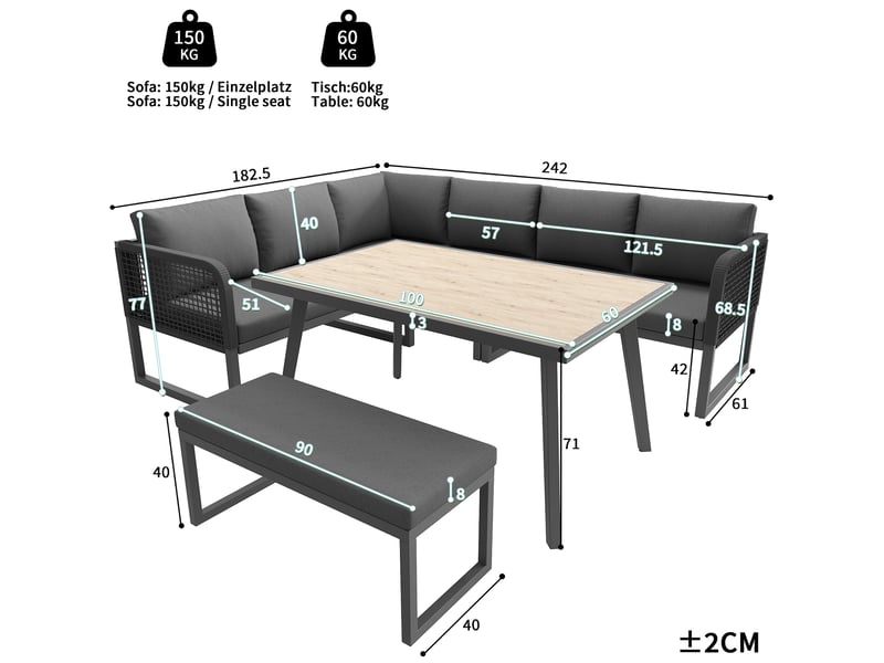Salon de jardin modulable 6 à 8 places, table 110x60x71 cm, coussins lavables, rotin pe, verre et tissu, gris - Conforama C