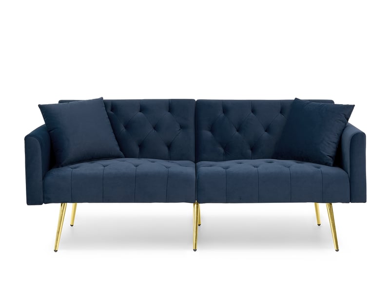 Canapé 2 places convertible avec dossier réglable - coussins assortis, pieds en métal, velours - bleu - Conforama A