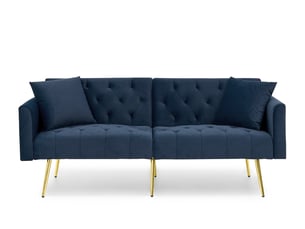 Canapé 2 places convertible avec dossier réglable  - coussins assortis, pieds en métal, velours - bleu
