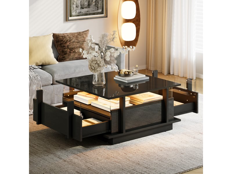 Table basse carrée 70x70x35 cm - finition laque brillante noire - led intégrée - 2 tiroirs - rangements acrylique - structure panneaux de particules - noir BUYDEEMEUS - Conforama D