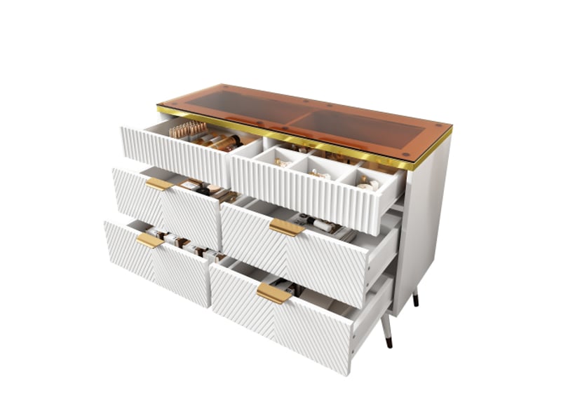 Buffet salon commode en verre ambré 6 tiroirs avec compartiments, meuble de rangement pour chambre à coucher - Conforama A