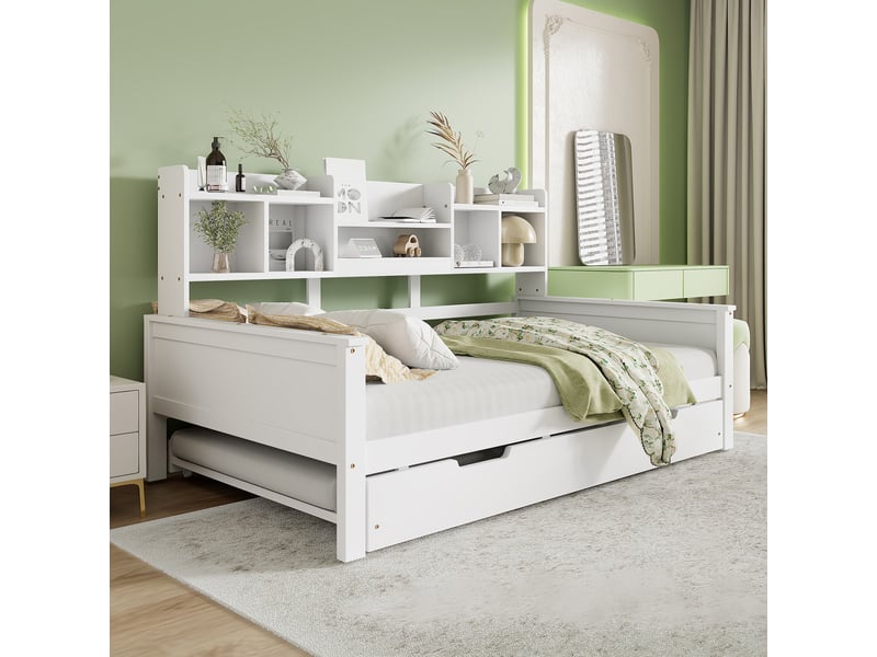  Lit gigogne enfant 90x200 cm + 90x190 cm avec compartiment de rangement et sommiers, pin, blanc, sans matelas  - Conforama C