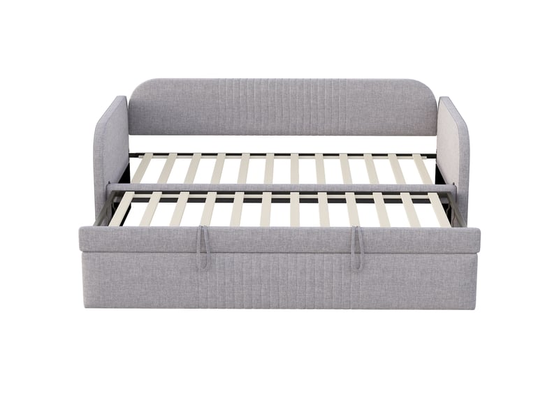 Lit banquette extensible 90/180×190 cm avec sommier à lattes, tissu lin, gris clair - Conforama D
