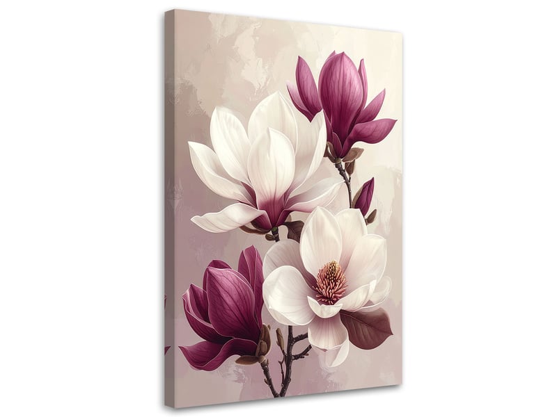 Tableau moderne, magnolias blancs à bourgeons bordeaux sur fond clair 60x90 1312608308 - Conforama A