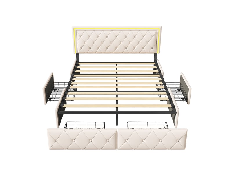  Lit double adulte 160 x 200 - lit 160 x 200 - 4 tiroirs de rangement - éclairage led d'ambiance - pu - beige  - Conforama A