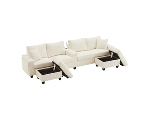 Canapé en u en velours côtelé beige 4 places, avec 2 poufs modulables, éclairage led, liseuse et ports usb pour grand salon moderne.