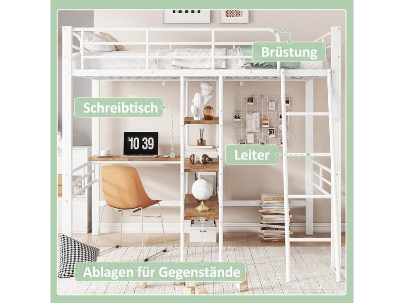  Lit mezzanine 90x200 en métal blanc, lit avec bureau intégré et étagères de rangement, sommier inclus, pour chambre d'enfant.  - Conforama D