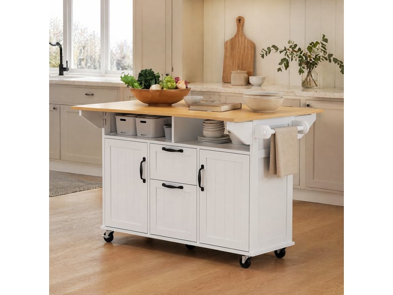  Îlot de cuisine mobile avec plateau rabattable, rangements et prises, en mdf blanc et coloris naturel  - Conforama B